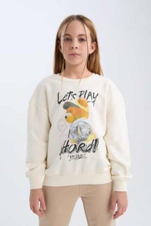 K?z Cocuk Oversize Genis Kal?p Bisiklet Yaka Ay?c?k Bask?l? Sweatshirt
