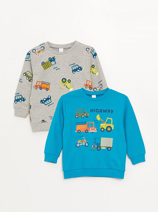 Bask?l? Uzun Kollu Erkek Bebek Sweatshirt 2li