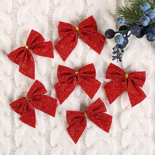 Цена за 2 шт. Ёлочные игрушки 12 шт. «Зимнее волшебство. Бантик - блеск» пластик, 4.5×5.5 см, красный