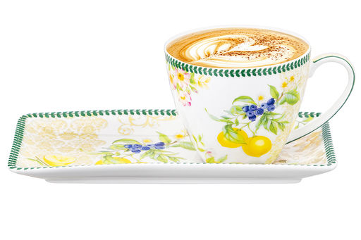 Чашка 250 мл с блюдцем для десерта 20*10*2 см Лимоны, NEW BONE CHINA