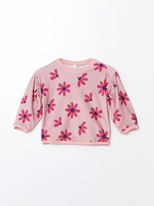 Kadife ?i?ekli K?z Bebek Sweatshirt ve Tayt 2li