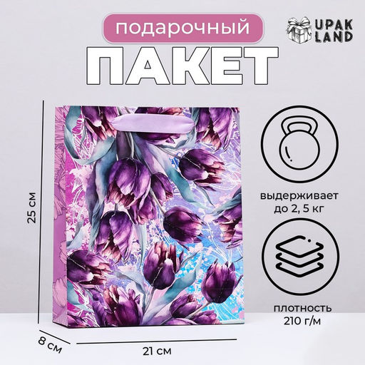 Цена за 2 шт. Пакет ламинированный подарочный вертикальный «Романтичные тюльпаны», 23 х 18 х 10 см