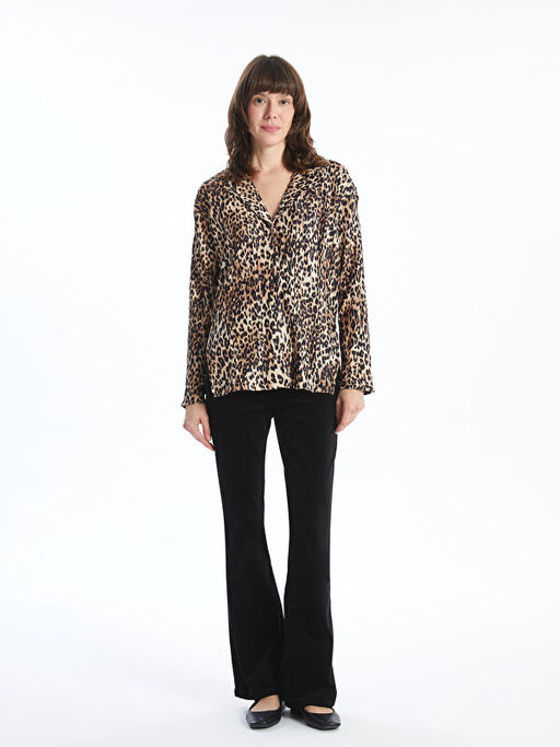 G?mlek Yaka Leopar Desenli Kad?n Bluz