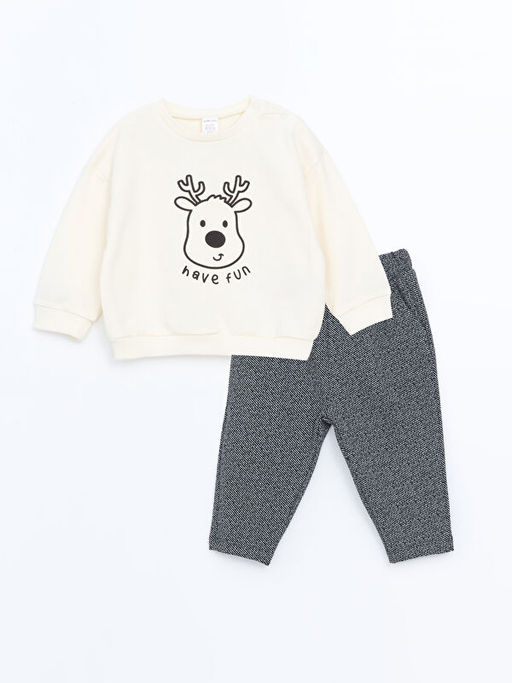 Bisiklet Yaka Bask?l? Erkek Bebek Sweatshirt ve E?ofman Alt 2li