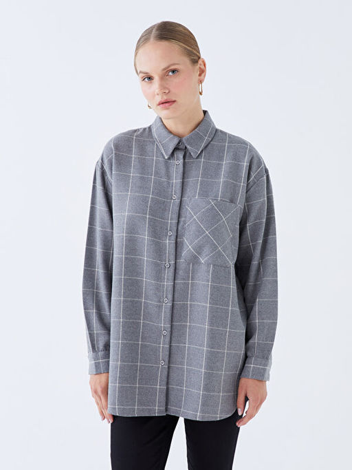 Ekose Uzun Kollu Oversize Kad?n G?mlek Tunik