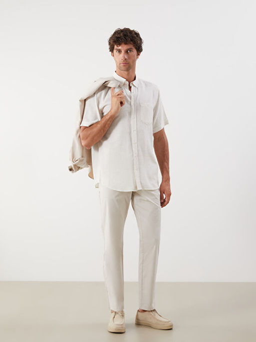 Regular Fit K?sa Kollu Keten Kar???ml? Erkek G?mlek