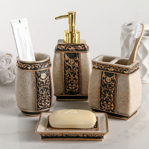 Аксессуары для ванной «Индийский слон», 4 предмета, дозатор, мыльница, 2 стакана, бежевые