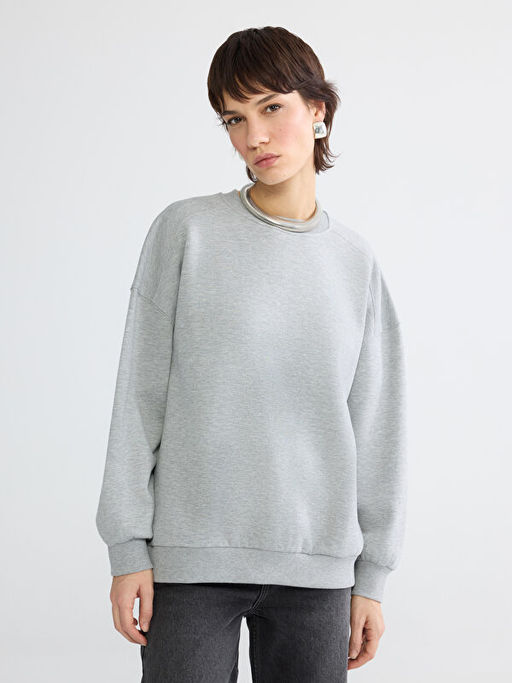 Bisiklet Yaka Oversize Kad?n Kal?n Sweatshirt