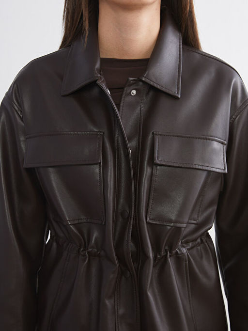 G?mlek Yaka Kad?n Deri G?r?n?ml? Ceket