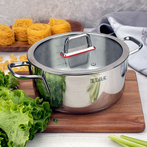 Кастрюля из нержавеющей стали "Tendency" 2,8л, д20см, h9,8см, s0,6мм, дно s2,8мм, плоская стеклянная жаропрочная крышка, пароотвод, стальной обод, капсулированное дно, прутковые ручки из нержавеющей стали на точечной сварке, полировка снаружи - зерка