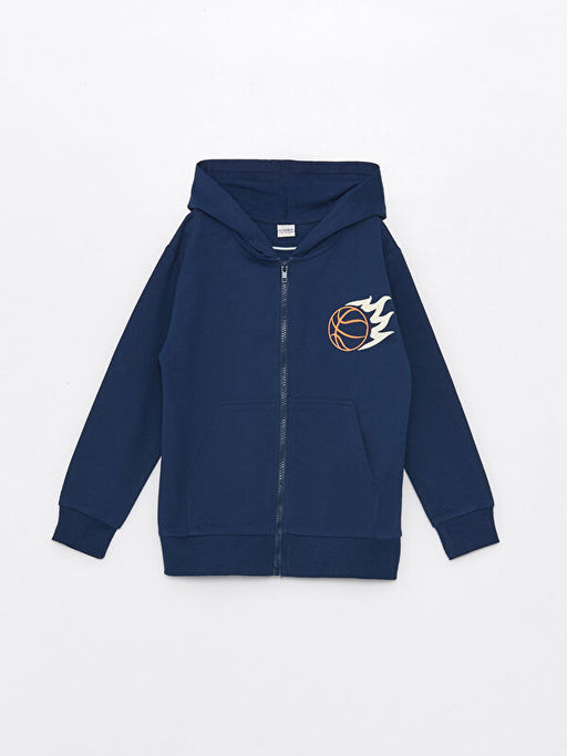 Kap??onlu Bask?l? Uzun Kollu Erkek ?ocuk Fermuarl? Sweatshirt