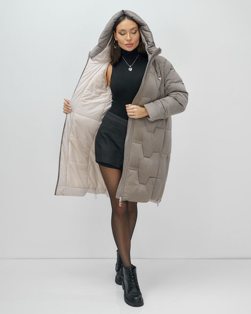 Пальто зимнее утепленное с капюшоном женское серого цвета 7638Sr - Visdeer фото 17