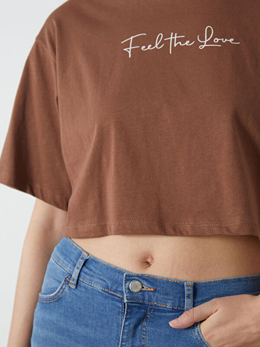 Bisiklet Yaka Bask?l? Kad?n Crop