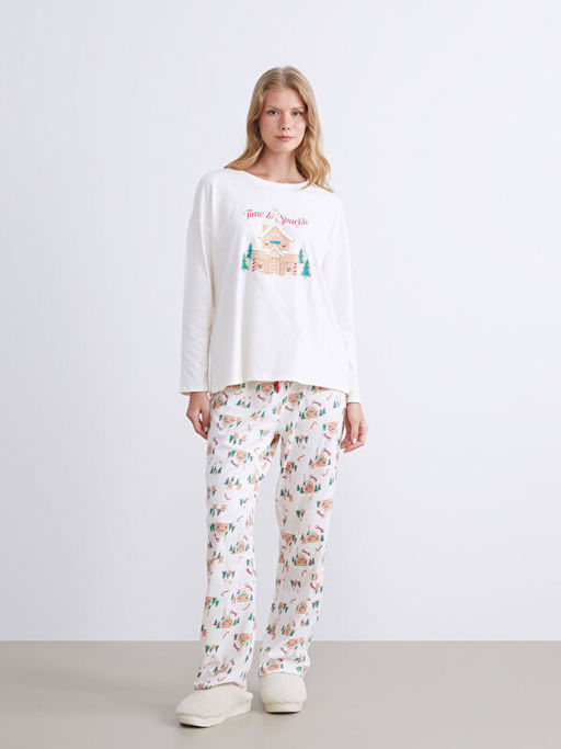 Bisiklet Yaka Y?lba?? Temal? Kad?n Pijama Tak?m?