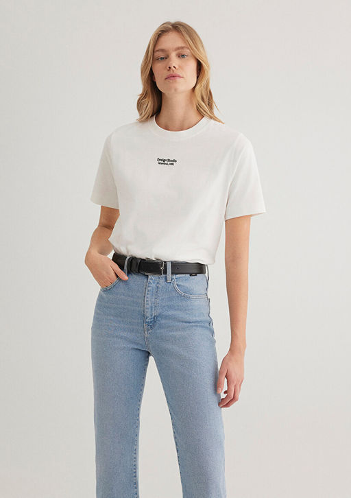 Bask?l? Beyaz Tisort - Mavi фото 3