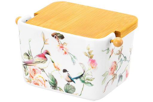 Банка д/сыпучих продуктов 950 мл 18,5*12,8*11 см Певчие птички+ложка+откид.бамб.крыш (без золота) - Elan gallery фото 15