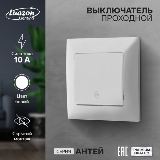 Выключатель проходной Luazon Lighting «Антей», 1 клавиша, 10 А, скрытый монтаж, белый