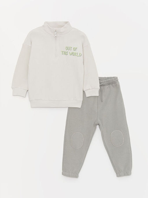 Dik Yaka Uzun Kollu Bask?l? Erkek Bebek Sweatshirt ve E?ofman Alt 2li Tak?m