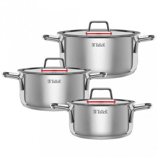 Набор кастрюль из нержавеющей стали Tendency 3 штуки: 2л - д18см, h8,8см, 2,8л - д20см, h9,8см, 5л, д24см, h11,8см, s0,6мм, дно s2,8мм, плоская стеклянная жаропрочная крышка, пароотвод, стальной обод, капсулированное дно, прутковые ручки из нержаве - Домашняя мода фото 2
