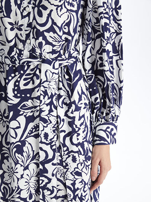 Hakim Yaka Desenli Uzun Kollu Elbise