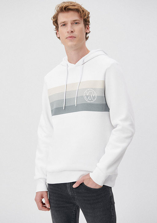 Kapusonlu Bask?l? Beyaz Sweatshirt