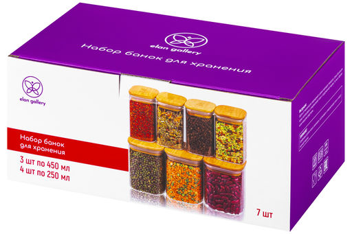 Набор 7 банок д/хранения 3 пр. 450 мл + 4 пр. 250 мл Crystal glass + бамб.крышка с силик.прок. - Elan gallery фото 7