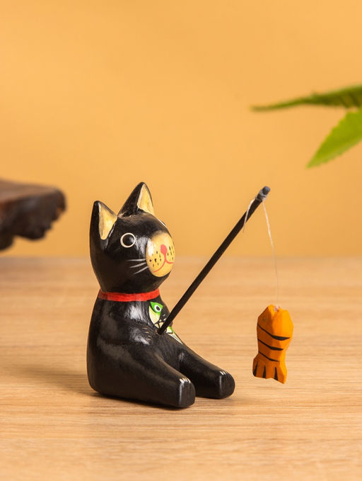 Сувенир «Кот рыбак», 3×6×7 см, дерево, чёрный