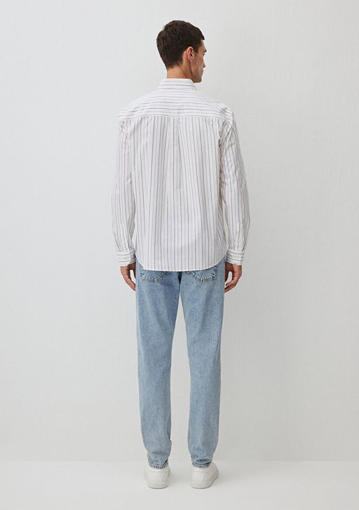 Cizgili Beyaz Gomlek - Mavi фото 4