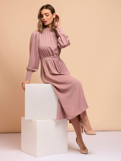 Платье длины миди розовое с драпировкой и длинными рукавами - 1001dress фото 6