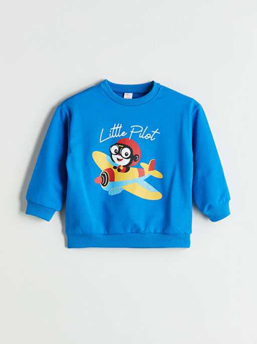 Bisiklet Yaka Bask?l? Erkek ?ocuk Sweatshirt