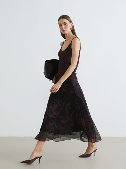 Beli Lastikli ?i?ekli ?ifon Pileli Etek