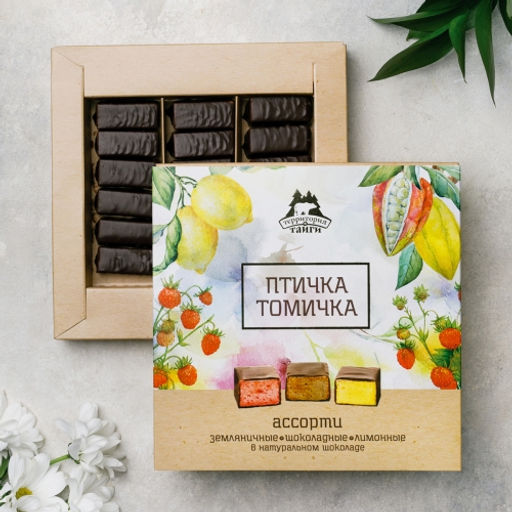 Сбивные конфеты в темном шоколаде "Птичка Томичка",ассорти (шоколад/земляника/лимон), коробка 210г Фирменная коробка