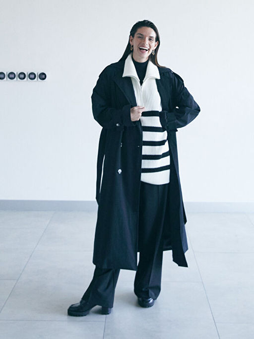 Dik Yaka ?izgili Oversize Kad?n Triko S?veter