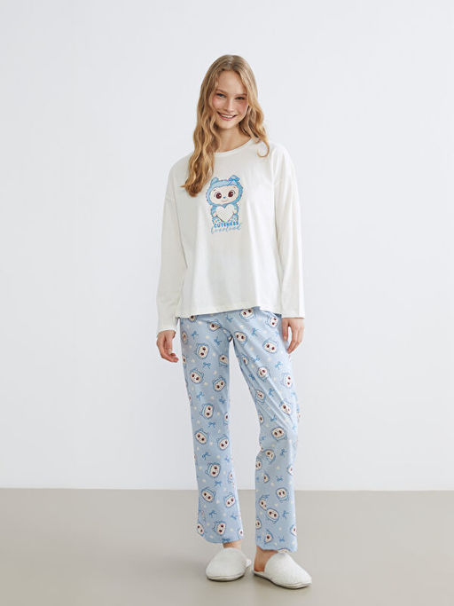 Bisiklet Yaka Bask?l? Kad?n Pijama Tak?m?