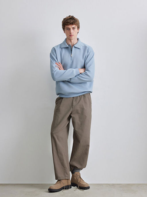 Fermuarl? Polo Yaka Erkek Dokulu Sweatshirt