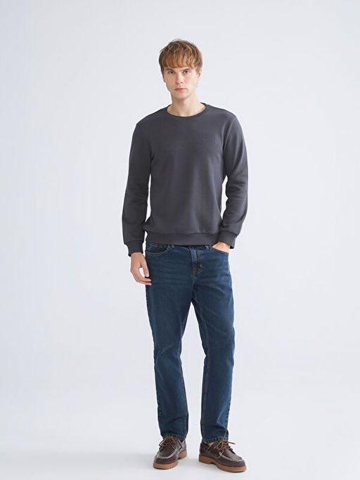 Bisiklet Yaka Bask?l? Erkek Kal?n Sweatshirt