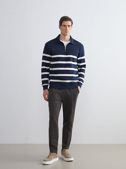 Polo Yaka Uzun Kollu ?izgili Erkek Sweatshirt