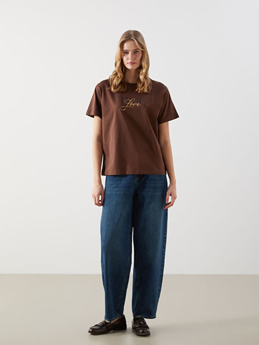 Bisiklet Yaka Bask?l? Kad?n Ti??rt