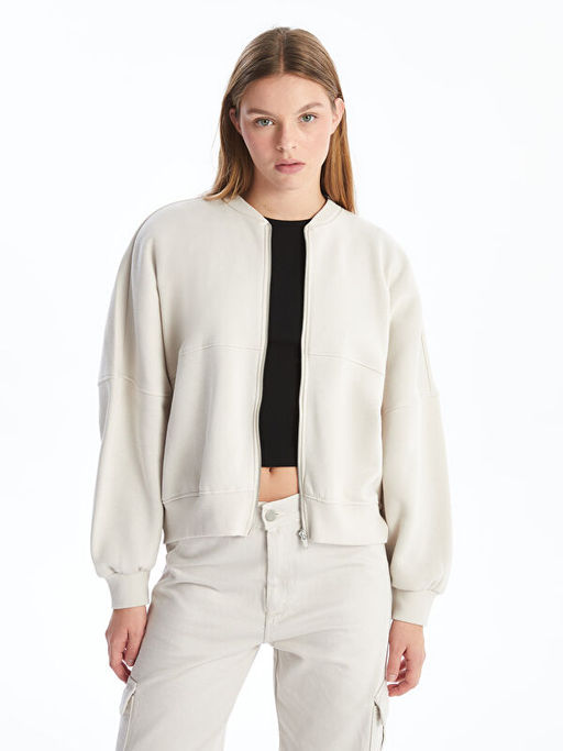 Kolej Yaka Oversize Kad?n Kal?n Fermuarl? Sweatshirt