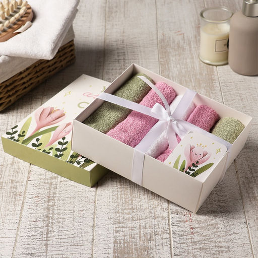 Салфетки махровые Этель. Цветы, 5 шт., 30?30 см, хлопок 100%, зелёные/розовые