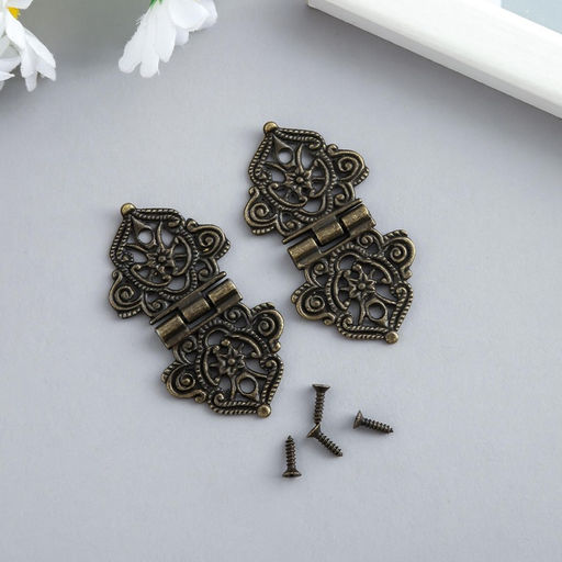 Цена за 3 шт. Петля для шкатулки металл "Узорная с цветами" бронза + гвозди набор 2 шт 5,3х2,8 см