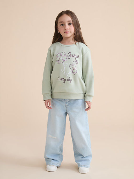 Bisiklet Yaka Bask?l? K?z ?ocuk Kal?n Sweatshirt