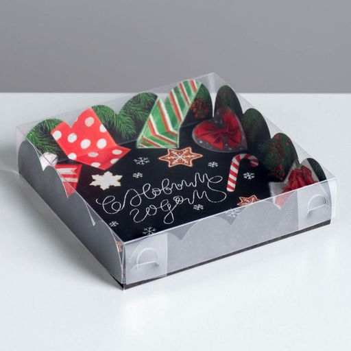 Цена за 5 шт. Коробка для кондитерских изделий с пластиковой крышкой «С Новым годом», 13×13×3 см