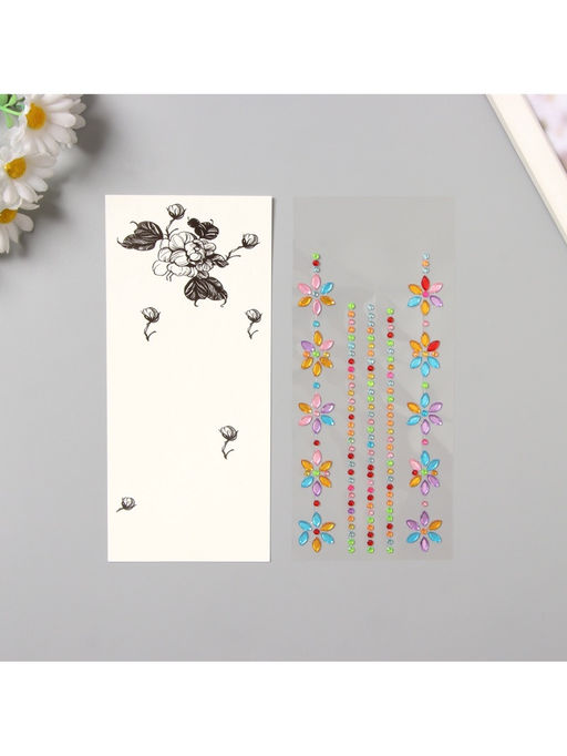 Переводная тату на тело и стразы Цветочная аппликация, набор 2 листа, цветная, 18?8 см