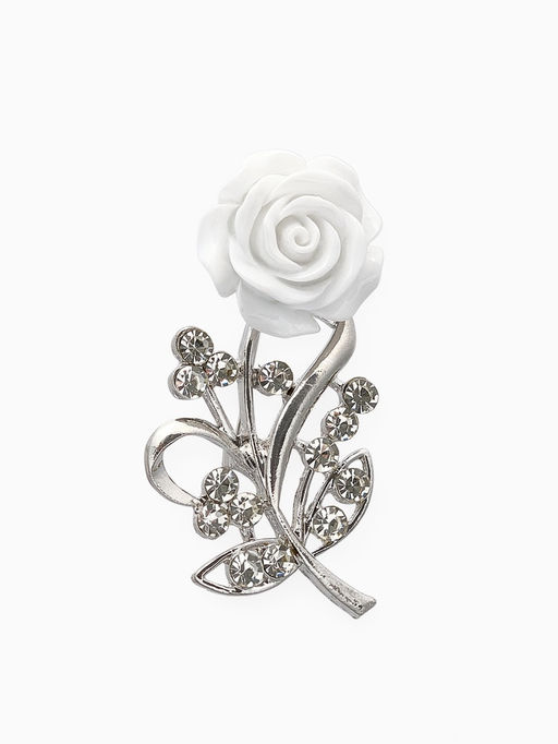 Брошь Цветок, роза нежная, цвет белый в серебре