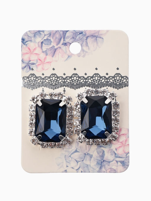 Серьги со стразами «Роскошь», прямоугольник, синий,белый в серебре