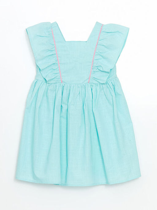 Kare Yaka Keten G?r?n?ml? K?z ?ocuk Elbise