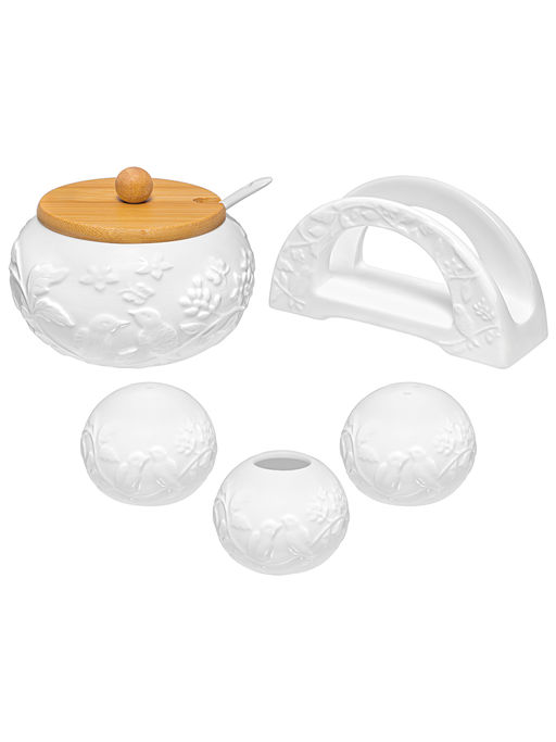 Набор 5 пр. 20,5*19,5*9,5 см "Птички на ветке"- Сахарн+Вазочка п/зуб.+набор д/спец. 2 пр, салфетниц