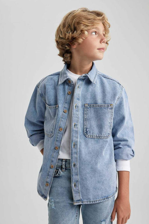 Джинсовая рубашка оверсайз с длинными рукавами для мальчика - Defacto фото 7