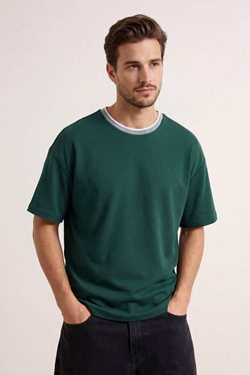 Haki Oversize/Geni_ Kesim Triko Bantl_ Dokulu Pike T-Shirt TMNSS23TS00079 - Trendyolmilla фото 2